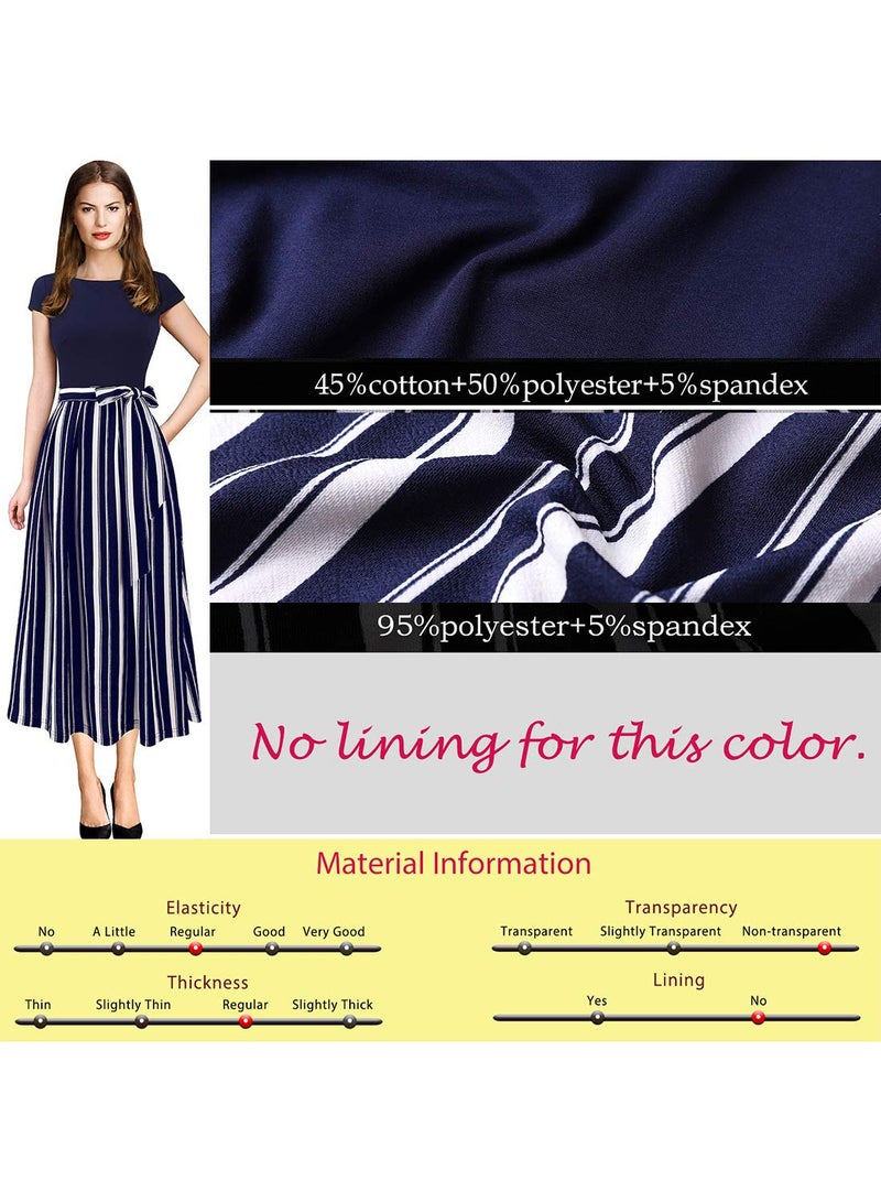 VFSHOW Womens Navy Blue and White Striped Print Patchwork Pockets Pleated Work Casual Party A-Line Midi Dress 2831 BLU M - Image 5